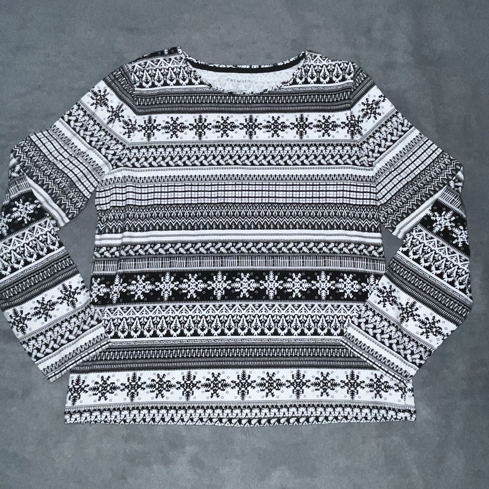 Talbots Fair Isle Long Sleeve Crew Neck‎ Tee Top, Black White XL Pullover